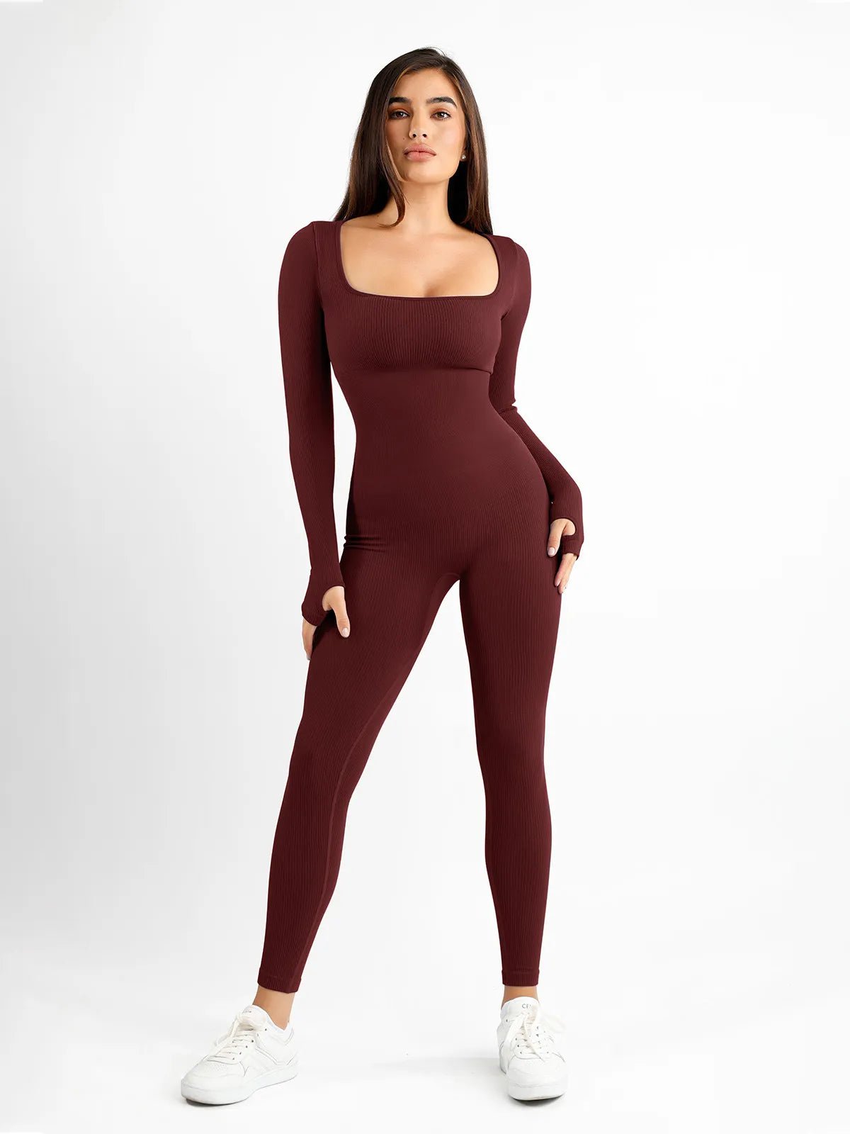 Popilush® Yoga Activewear Jumpsuit Winter Red / S The Shapewear Jumpsuit Seamless Thumb Hole Square Neck Long Sleeve