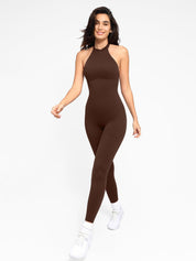 Popilush® Yoga Gym One Piece Workout Jumpsuit Summer Outfits Halter / Brown / XS The Shapewear Jumpsuits One Piece Thigh Slimming