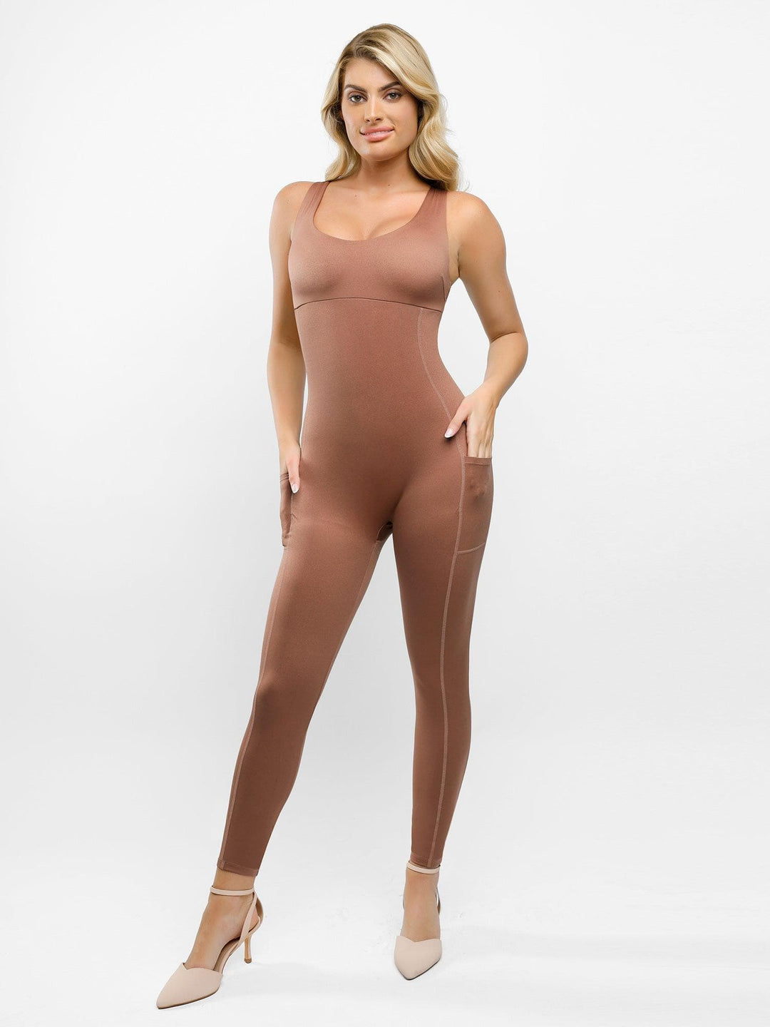 Popilush® Light Brown / XS U-Neck One Piece Sleeveless Jumpsuit