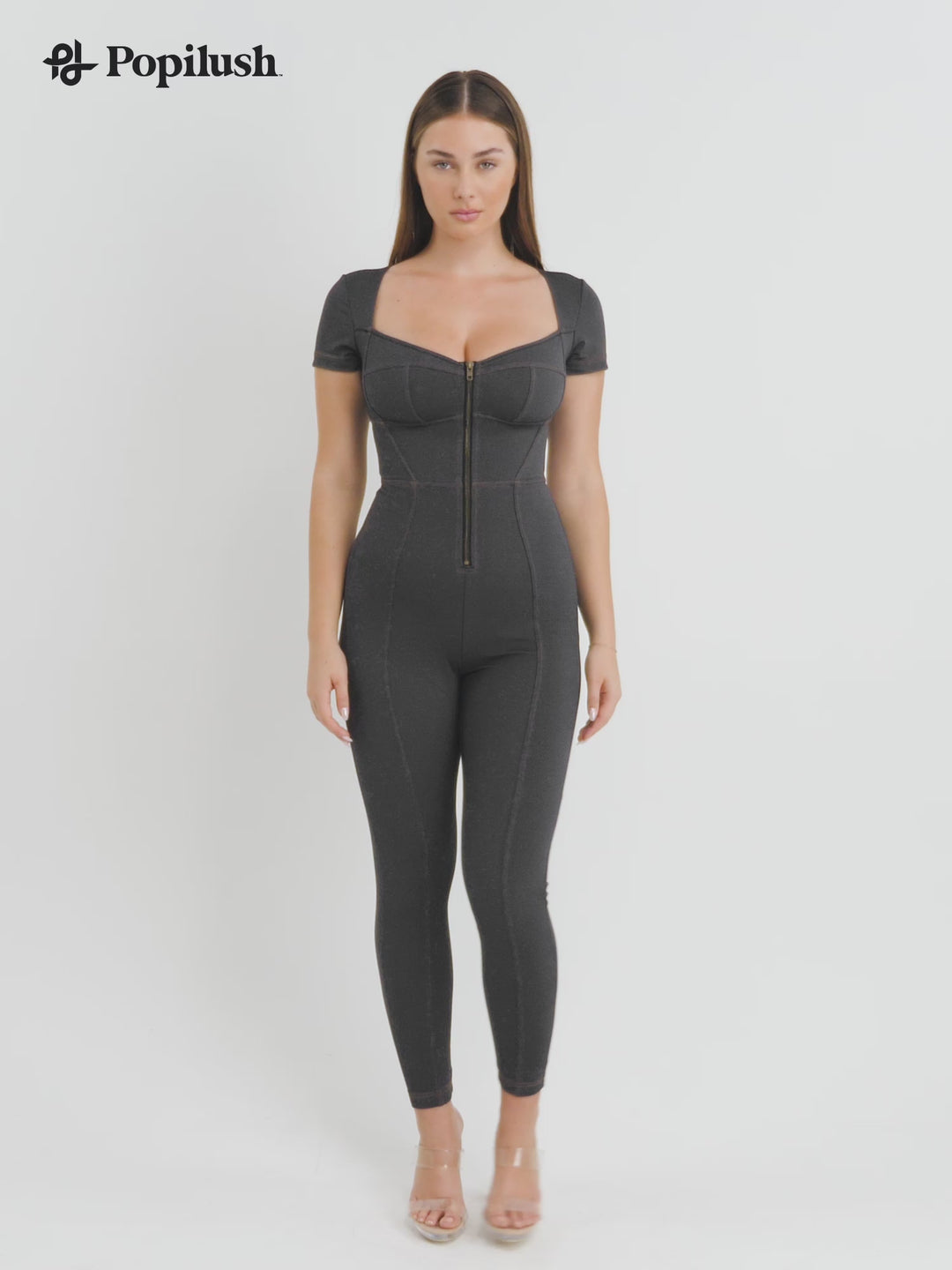 Shapewear Denim Short Sleeve Zip Front Butt Lift Jumpsuit