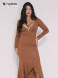 Shapewear Long Sleeve Lace Trim Sculpting Mermaid Maxi Dress