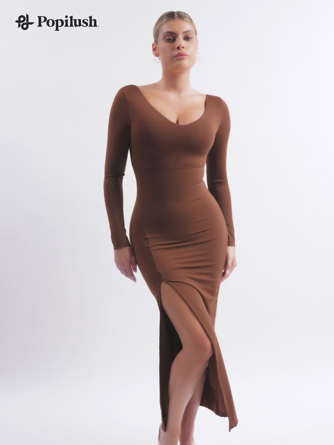 Shapewear Long Sleeve V-Neck Low Back Slimming Maxi Dress