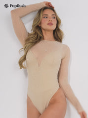 Shapewear Heat-Set Crystal Mesh Long-Sleeve Slimming Bodysuit