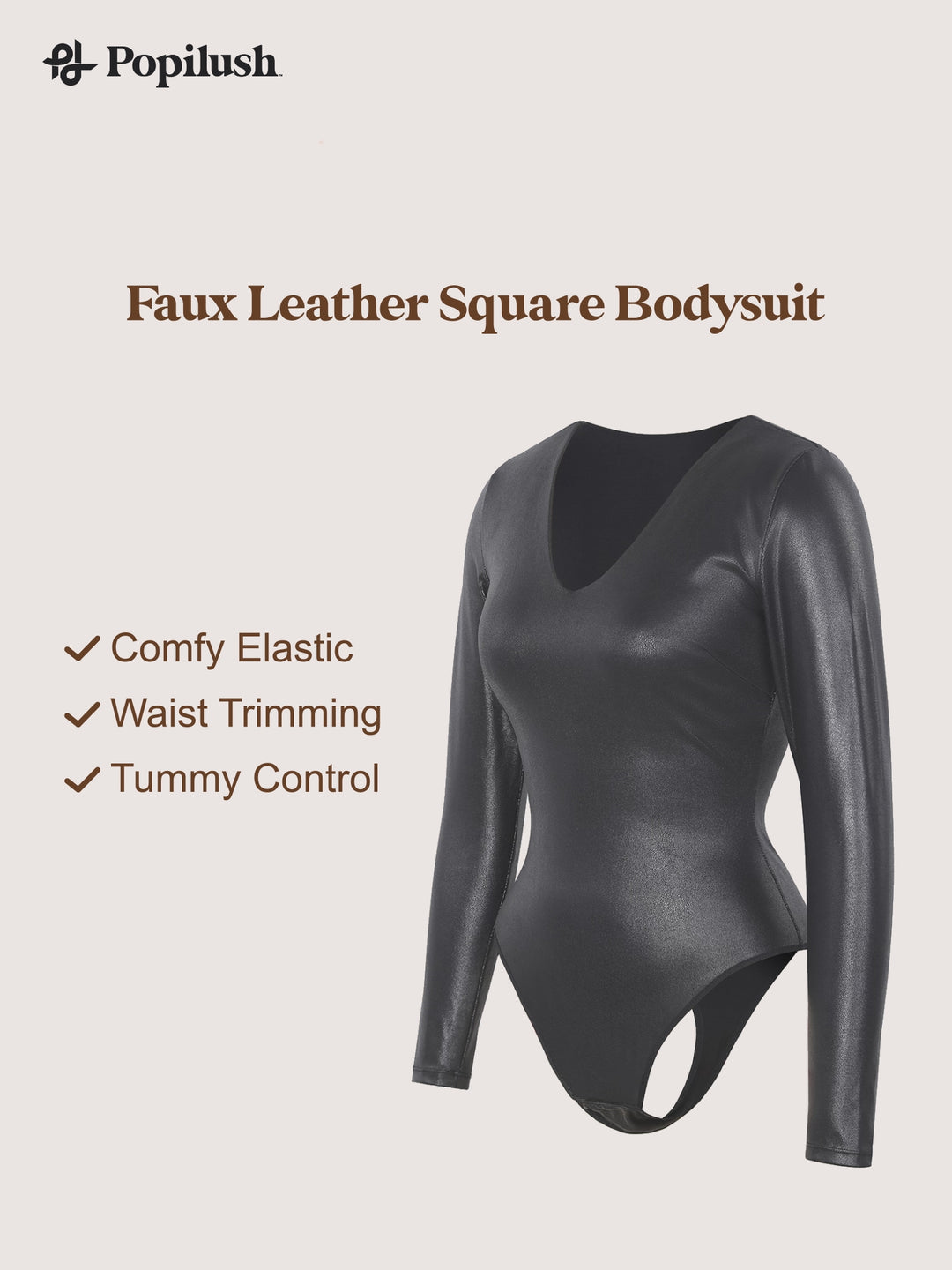 Shapewear Long Sleeve Faux Leather V-Neck Sculpting Bodysuit