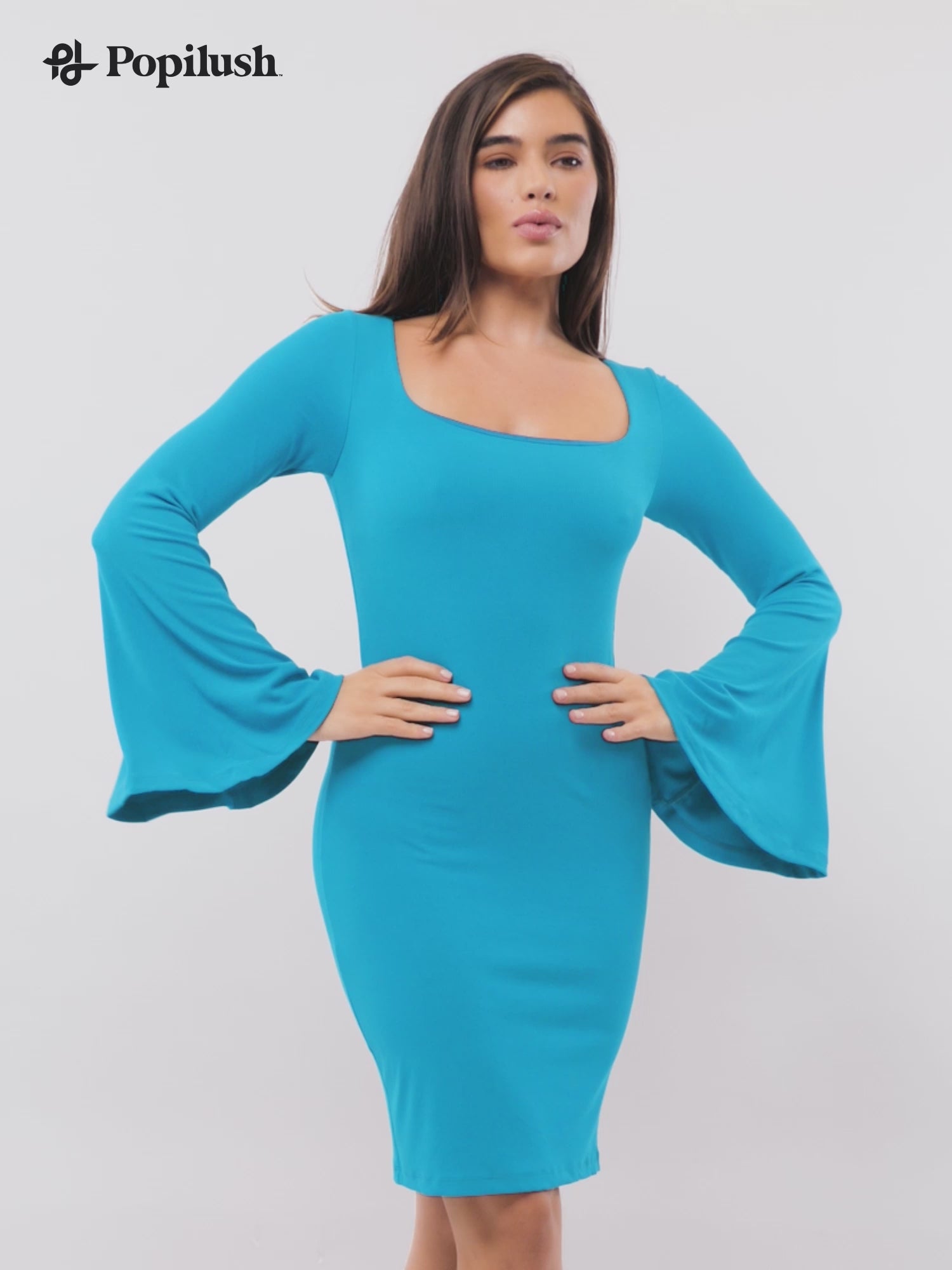 Shapewear Bell Sleeve Square Neck Slimming Midi Dress