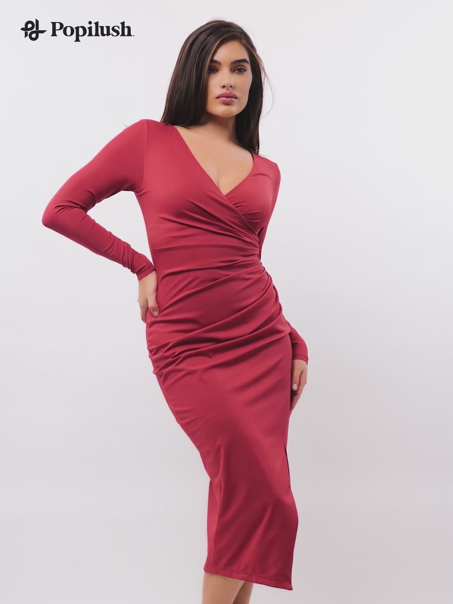 Shapewear Ruched Long Sleeve Faux Wrap Slimming Midi Dress