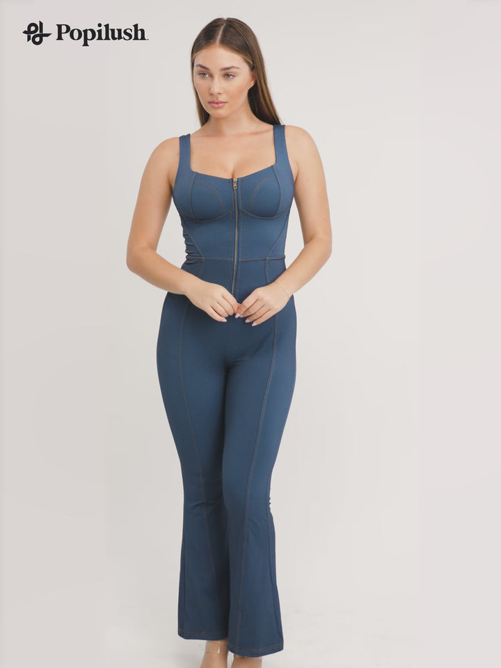 Shapewear Sculpting Denim Tank Flare Leg Jumpsuit